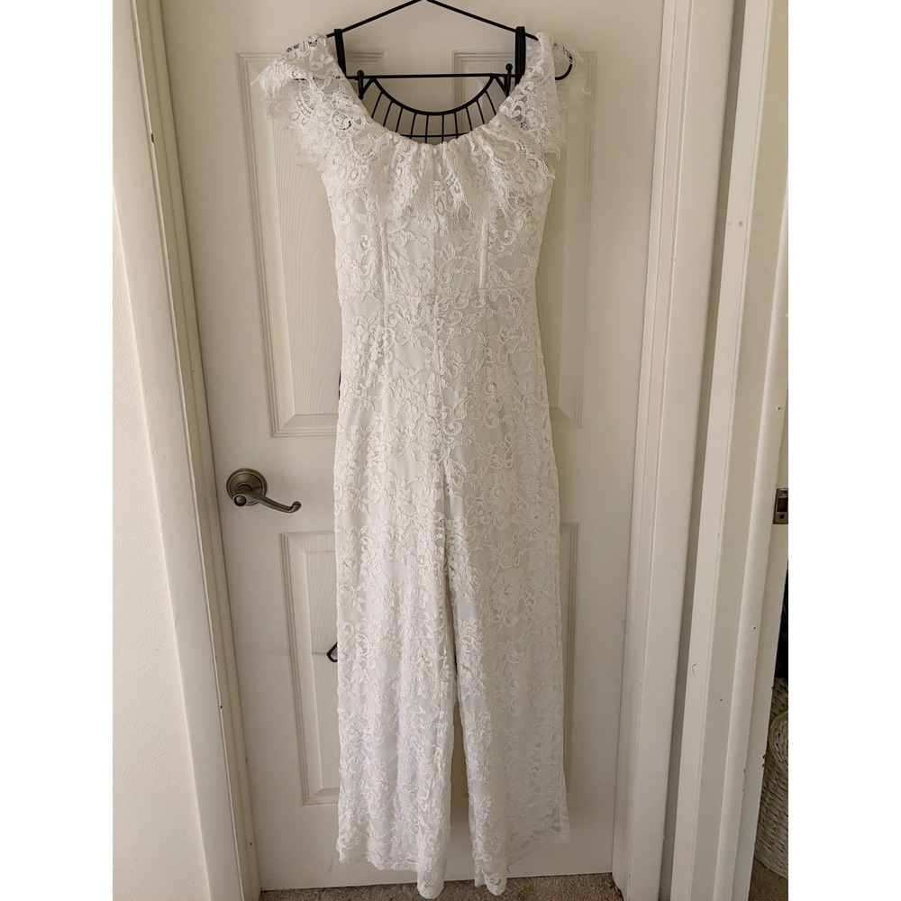 Lulus Womens Medium White Ivory Floral Lace Sleeveless Wide Leg Bridal Jumpsuit